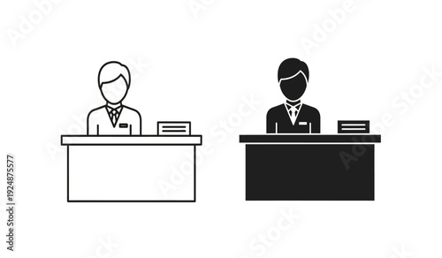 Two businessmen sitting at desks in black and white line illustration style
