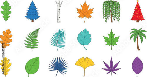Colorful tree and leaf icon collection botanical nature elements seasonal foliage vector illustration isolated plant design set