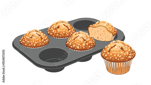 Freshly baked muffins with a crumb topping in a metal muffin tin, with one muffin placed beside it showing the soft texture.