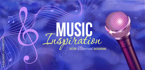 Horizontal music inspiration banner with a soft blurred sea background, flowing musical staff shaped like a wave, flying notes, treble clef and realistic microphone.