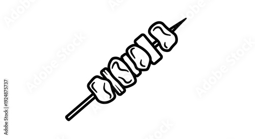 Simple line drawing of a skewer with meat cubes on a white background.