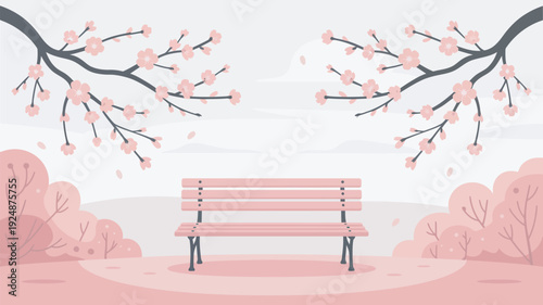 A serene pink bench under blooming cherry blossom trees in a peaceful park setting