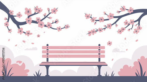 A serene park scene featuring a pink bench under blooming cherry blossom trees in spring