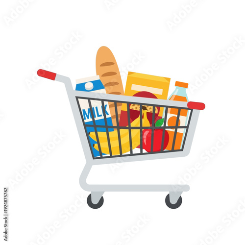 Grocery Shopping Cart Full of Food Products and Beverages