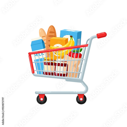 Grocery Shopping Cart Full of Fresh Food and Products - Vector Illustration