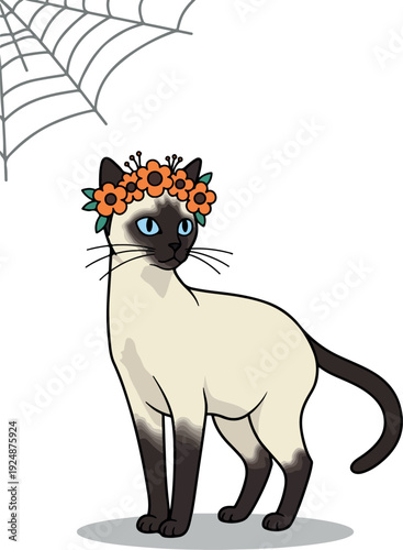 Siamese Cat With Flower Crown Under Spiderweb