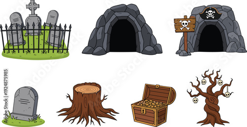 Halloween spooky cave graveyard tombstone treasure chest and haunted tree cartoon element set horror theme vector illustration isolated collection design