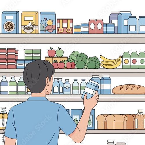 Man choosing groceries from supermarket shelves, healthy food, shopping concept