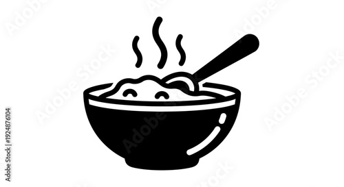 Steaming Bowl of Hot Porridge with Spoon, Healthy Breakfast Icon