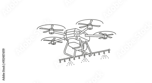 Agricultural drone spraying pesticides, modern farming technology, aerial view, line art illustration