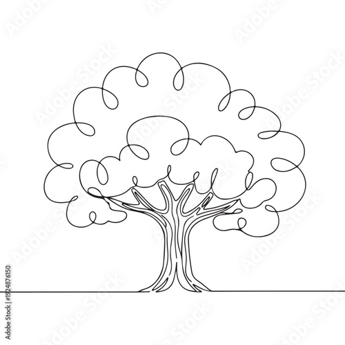 Stylized tree with a full, curly canopy drawn in a single continuous line