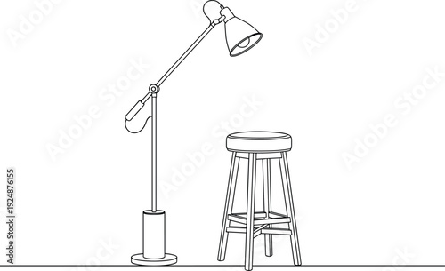 Modern floor lamp and wooden stool line art minimalist interior furniture illustration home decor lighting vector outline isolated design