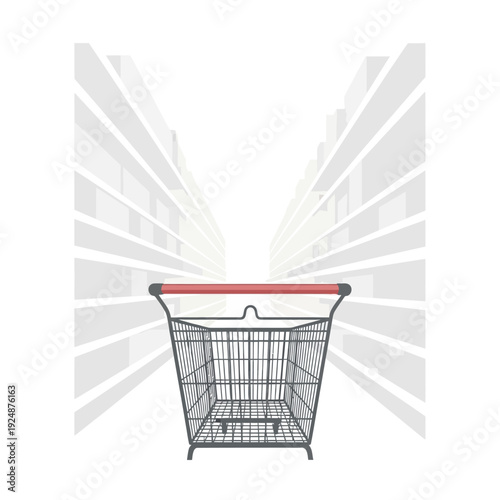Shopping Cart on Supermarket Aisle Perspective