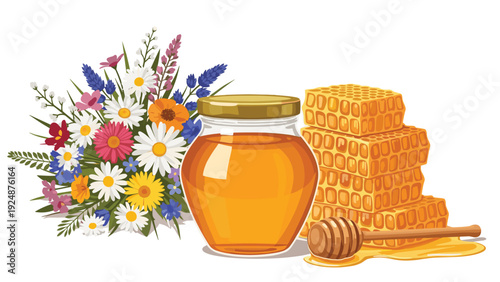 Still life composition with a glass jar of golden honey, stacked honeycomb, a wooden dipper, and a vibrant bouquet of wildflowers.