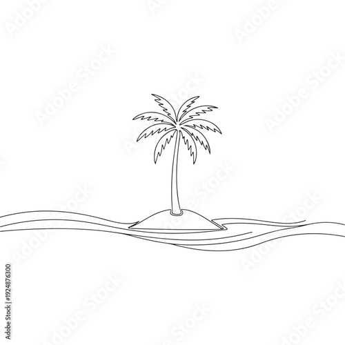 Minimalist Line Art Drawing of a Tropical Palm Tree on Island with Wavy Connecting Path