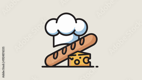 A cartoon illustration of a chef's hat with a baguette and cheese on a plate