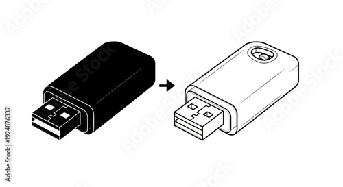 USB Flash Drive Icon Transformation: Black Solid to Outline Style