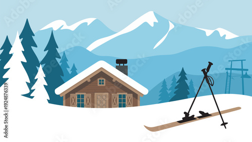 A cozy cabin in a snowy mountain landscape with skis and trees