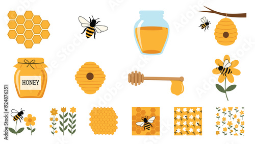 Large collection of flat design icons related to honey and beekeeping, including bees, hives, honeycomb, jars, flowers, and patterns.