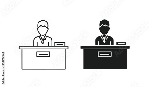 Two business people sitting at desks wearing face masks in black and white line art style