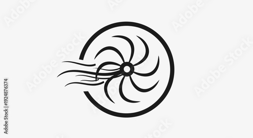 Black and White Fan Icon with Swirling Air Motion and Wind Lines
