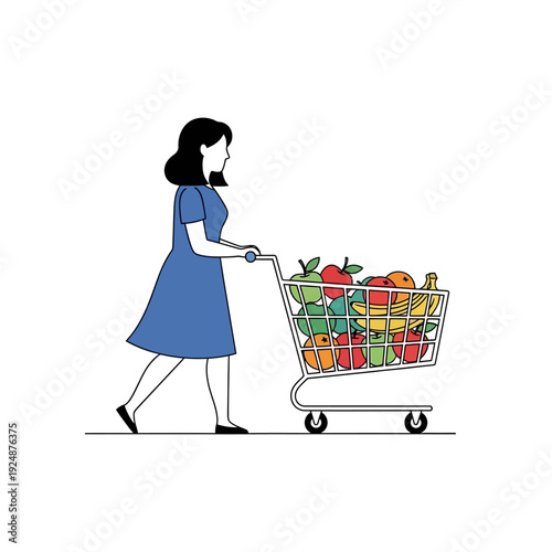 Woman Pushing Shopping Cart Full of Fresh Fruits and Vegetables - Healthy Lifestyle