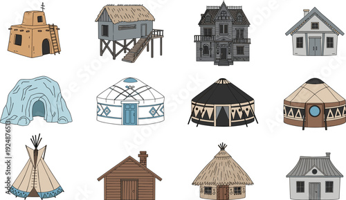 Traditional house types around the world illustration set yurt hut tent cave cottage tribal and village homes vector collection design