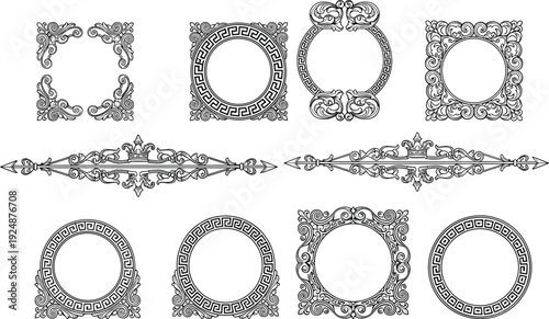 Vintage ornamental frames and decorative borders set baroque floral round square antique design elements vector illustration isolated collection artwork