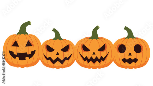 Set of four carved Halloween pumpkins, or jack-o'-lanterns, with various spooky and funny facial expressions on a white background.