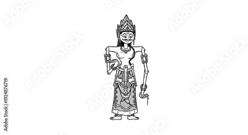 Traditional Indonesian Wayang Kulit Puppet Character, Hand-Drawn Illustration