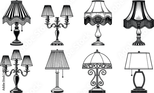 Vintage table lamps and classic lampshades collection antique lighting design elements decorative retro illumination vector illustration isolated set artwork