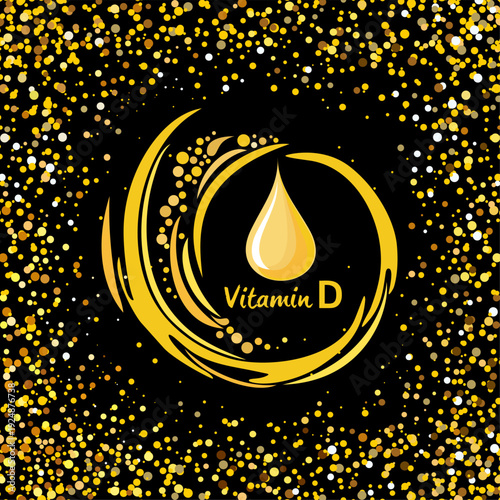 Vitamin D. Gold drop.   Health care concept. Benefit design. Icon isolated black background. Medical image. capsule. Vector icon for health. Gold shining pill.  Vector illustration