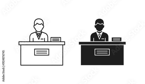 Two business professionals wearing face masks sitting at counters in black and white line illustration style