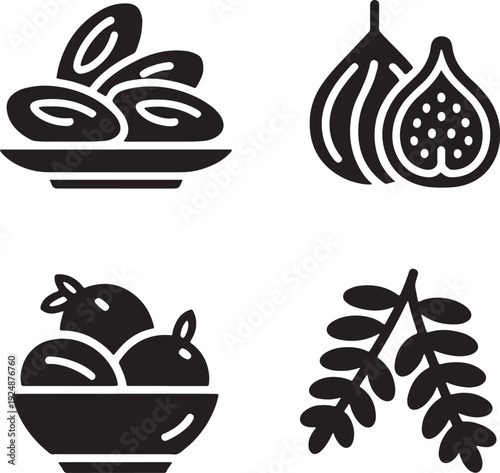 Dates fruit plate, figs, and bay leaf plant vector icons. healthy food and natural symbols
