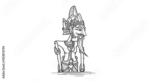 Traditional Indonesian Wayang Kulit Puppet, Hand-Drawn Sketch