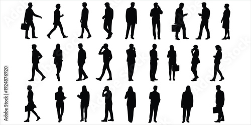 Diverse collection of black silhouette figures of people walking and standing Keywords: silhouette, people, man, woman, walking