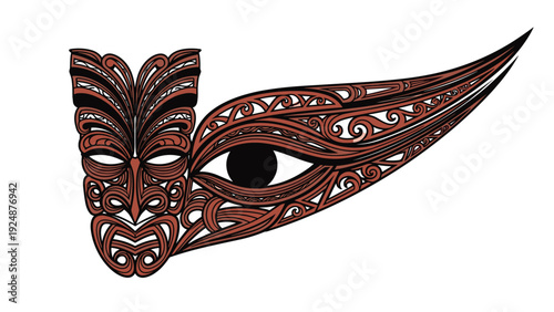 Intricate Maori or Polynesian style tattoo design featuring a traditional tribal mask seamlessly blending into a stylized eye shape.