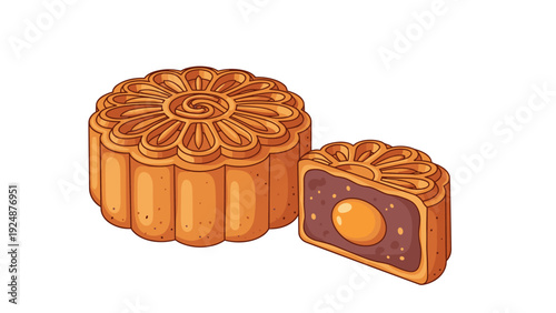 Traditional Chinese mooncake for the Mid-Autumn Festival, showing a whole pastry and one cut in half to reveal the yolk filling.