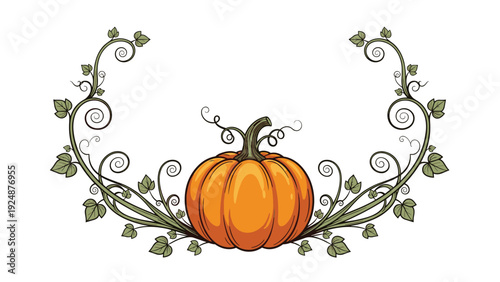 Decorative autumn frame with a large orange pumpkin at the center, surrounded by elegant swirling green vines and leaves.