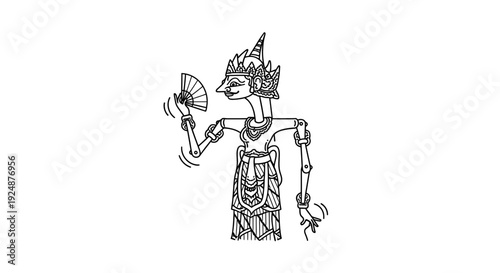 Traditional Indonesian Wayang Kulit Shadow Puppet Character Holding a Fan, Black and White Line Art