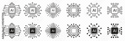 Artificial Intelligence Icon Set Featuring AI Processor Chips and Digital Brain Circuits for Machine Learning Technology Neural Networks Data Science and Future Computing Graphics