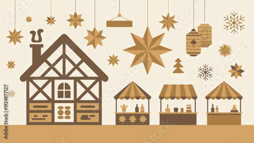 A festive holiday scene with a house and market stalls decorated with stars and snowflakes