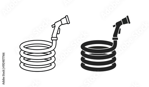 Black and white line art illustration of two coiled hoses with spray nozzles on a pure