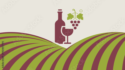 An illustration of a wine bottle and glass surrounded by grapes and vineyards