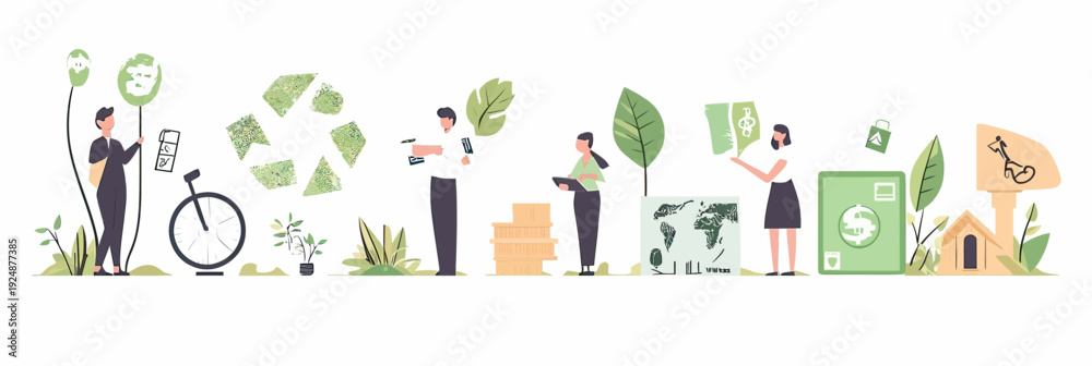 Fototapeta premium Eco friendly lifestyle concepts with people holding green items recycling bike environmental responsibility sustainable living flat vector illustration