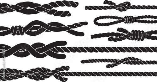Various knots and ropes in black and white illustration