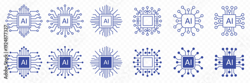 AI chip icon set. Line and glyph AI processor chip. Artificial intelligence microchip icon set. AI microchip vector icon — minimalist microchip with "AI" label, technology and processor symbol. EPS 10