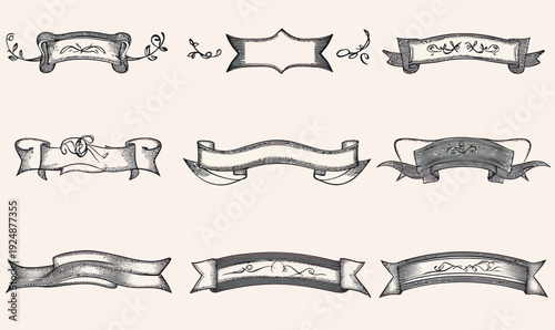 Set of nine hand drawn vintage ribbon and banner designs with decorative swirls and floral elements in black outline on beige background for graphic design