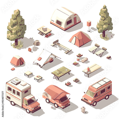 Isometric camping set with tents, camper vans, campfire, picnic tables, outdoor gear, trees, and portable stove in flat minimalist style