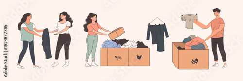 Volunteers sorting and packing used clothes in boxes for donation charity textile recycling second hand clothing exchange community help concept flat vector illustration